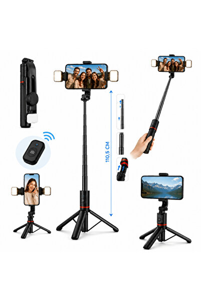 TnsAround Selfie stick cu trepied Bluetooth și lumină LED, extensibil, teleco...