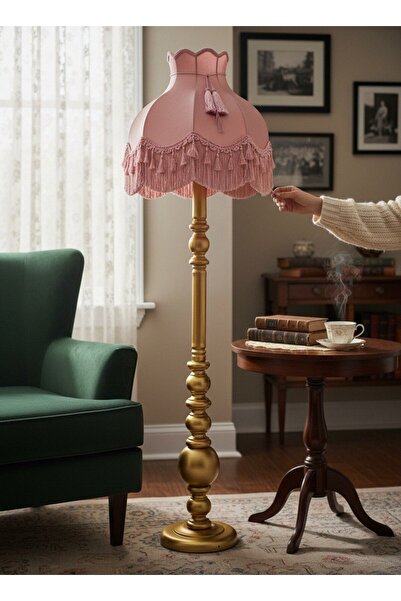 Genel Markalar Vintage Ahşap Gold Ayak Pudra Pembe Lambader Püsküllü Süsleme ...