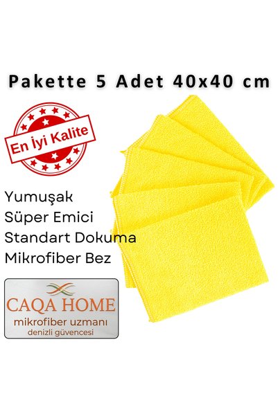 CAQA HOME 5-Piece Yellow 40X40 cm Microfiber Kitchen and General Cleaning Cloth, Micro Fiber Cloth - Glass, Car