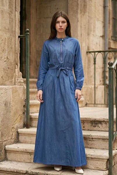 Neways 6501-DENİM REGLAN KOLLU CEPLİ ELBİSE Koyu Mavi