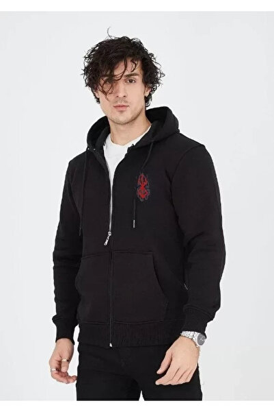 Generic Brand Unisex Printed Full Zip Hooded Sweatshirt - Black