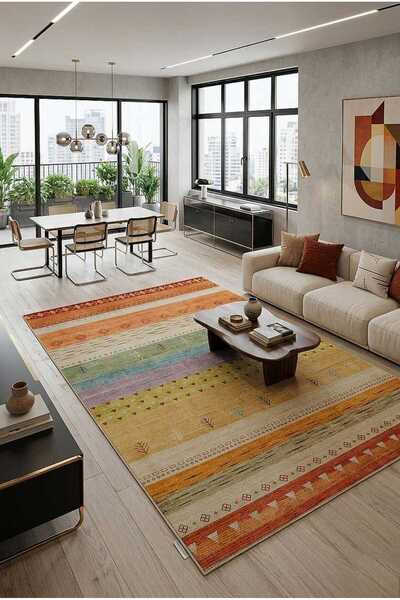 Frenda Etnik Kilim Desenli Pamuk Taban Yıkanabilir Baskılı Halı Turuncu