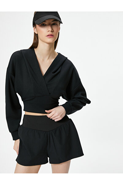 Koton Modal Fabric Crop Hooded Sweatshirt Double Breasted V Neck