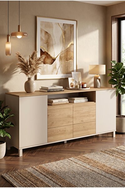 Yurudesign Mood Konsol 4 Kapaklı 2 Çekmeceli Ahşap Ayaklı 180cm Kumsal-Sepet ...