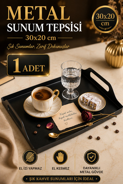 VENON Siyah Metal 30 x 20 Dekoratif Metal Sunum Tepsisi - Çay Kahve Yemek Ser...