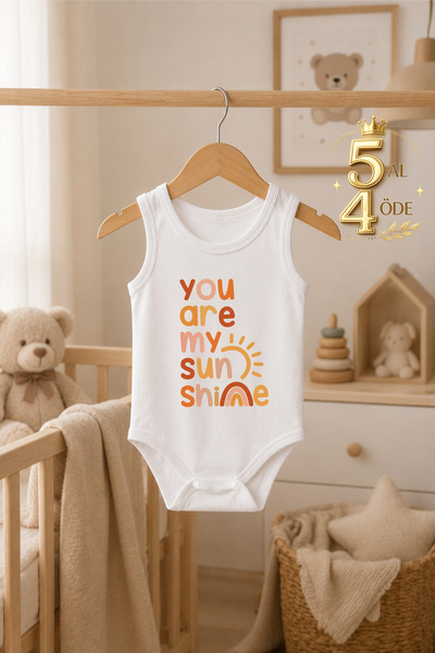 bebeqon You Are Sunshine Baskılı Kolsuz Bebek Zıbını Çıtçıtlı Body %100 Pamuk