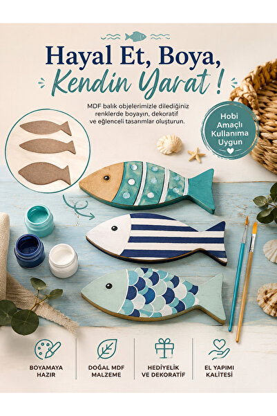 ELSA 3'lü MDF Balık Figürü Seti – Hobi Boyama İçin Ahşap Dekor