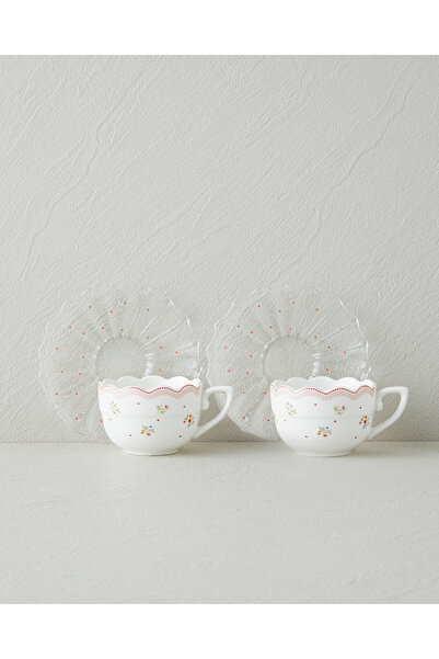 English Home Daisy Days New Bone China 4 Parça 2 Kişilik Cam Tabaklı Kahve Fincan Takımı 80 ml Pembe - Yeşil