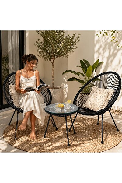 Gaia Home طقم جلوس خارجي من 3 قطع من فيتال، كراسي أكابولكو مع طاولة ذات سطح ز...