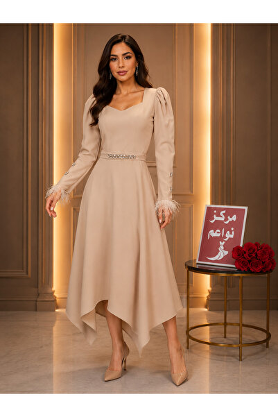 NAWAEIM Women's Dark Beige Asymmetrical Hem Dress - Square Neck Party Dress w...