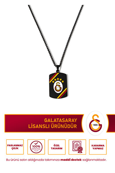 Galatasaray GS Plaka Kolye Siyah Paslanmaz Çelik 60 cm Lisanslı Taraftar Kolyesi