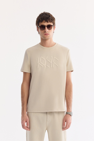 Avva Tricou pentru bărbați, bej, cu decolteu rotund, imprimat, bi-stretch, in...