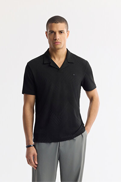 Avva Erkek Siyah Apaj Yaka Çizgili Jakarlı Elastan Regular Fit T-Shirt A51Y1145