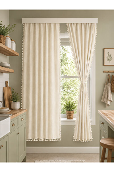 linea natura home Püsküllü Vintage Krem Keten Fon Perde - Kornişli, %100 Doğa...