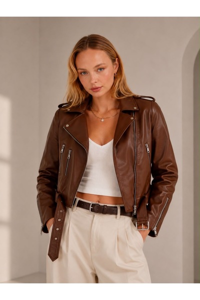 OYERGA MODA Women's Brown Zippered Biker Leather Jacket