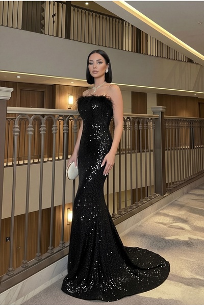 ALFUDO Moda Collection Trend Pul Payetli Tüy Detaylı Abiye Kadife Siyah Elbise