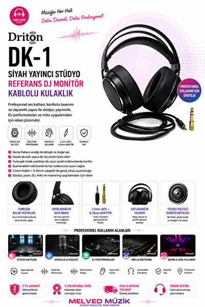 DRİTON DK-1 SİYAH YAYINCI STÜDYO REFERANS DJ MONİTÖR 7.1 KABLOLU KULAKLIK
