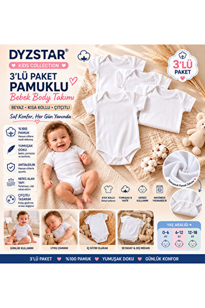 DYZSTAR 3-Pack Cotton White Short Sleeve Baby Bodysuit Set – Soft Textured Un...