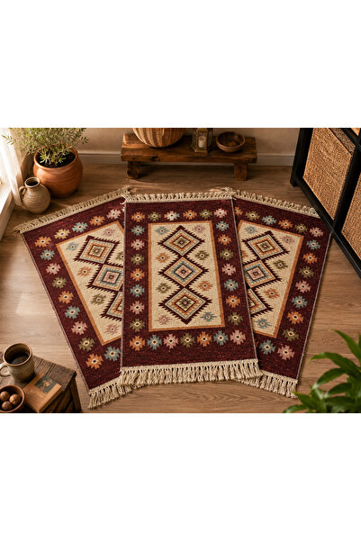 OEM Set 3 covoare tradiționale țesute, cu doua fete 60x90 cm, rosu, model romb