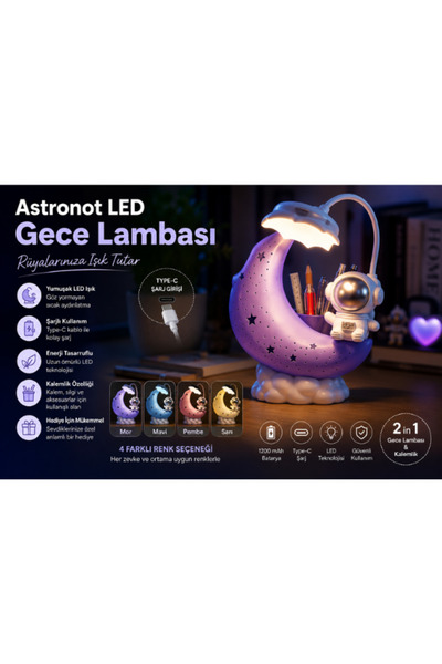 Kerasus MYSTYLE Astronot Ay Gece Lambası Kalemlik USB Type-C Şarjlı-MAVİ