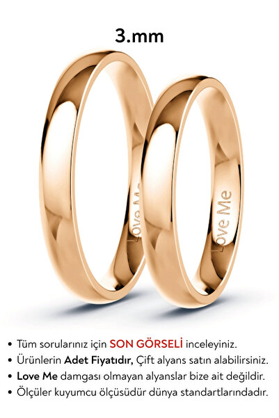 Kaya The Third Love Me Marka 3mm Parlak Rose Renk Klasik İnce Bombeli Çelik A...