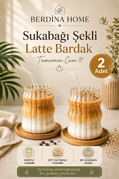 Berdina Home 2li Pipetli Sukabağı Şekli Latte Bardak Seti Iskandinav Tarz Cam...
