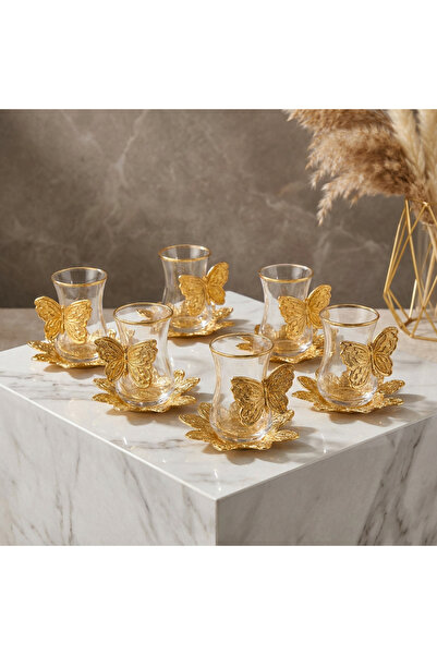 Generic Turkish Tea Set for Six Person with Gold Butterfly Holders - Glass Cu...