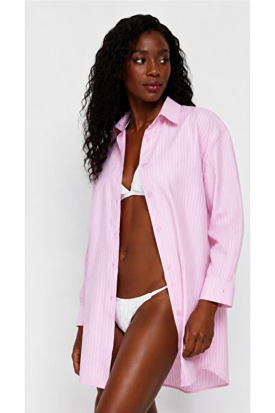 blackbonds pembe beyaz Çizgili Over Fit Gömlek