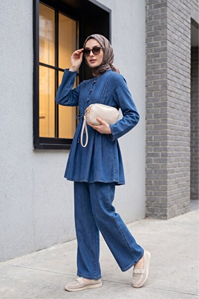Modamorfo Half-Buttoned, Pleated Front, Tie-Waist Denim Suit with Pants -Indigo
