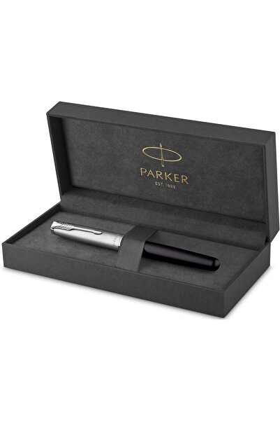 Parker قلم حبر سونيت أسود من الفولاذ المصقول بالرمل | مزين بالكروم | علبة هدا...