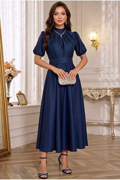 ALFUDO Moda Collection Nil Navy Blue Flared Φούστα Κοντό μανίκι Midi μήκους Σ...
