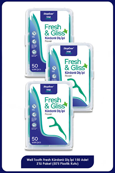 StopEver Well Tooth Kürdanlı Diş İpi Fresh & Gliss 3 Adet x 50'li Plastik Kut...