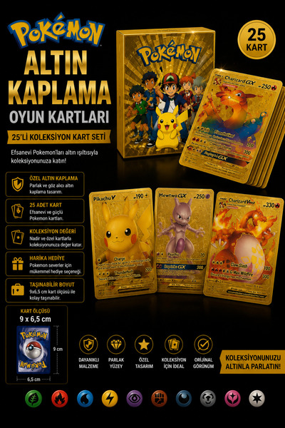Mersi SHOP Pokemon Gold Plated Playing Cards 55'Li Collection Card Set 9X6,5 cm