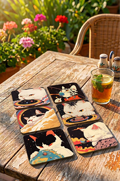 6’lı Dekoratif Kedi Desenli MDF Bardak Altlığı