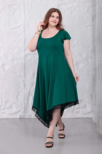 Madwilo Rochie de damă verde, cu mâneci cu volane, cu detaliu din dantelă, as...