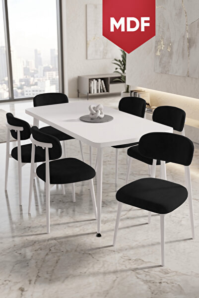 Canisa Runes Serisi MDF Sabit 80x130 Beyaz Mutfak Masası Takımı 6 Siyah Sandalye