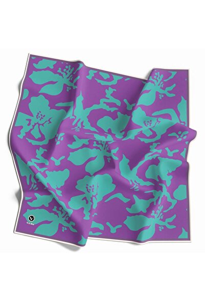 VİOLLA Twill Çiçek Desenli Lila - Mint Yeşili Renkli 90x90 Eşarp (İpek İçerme...