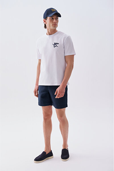 Mudo Erkek Lacivert Straight Fit Keten Karışımlı Şort