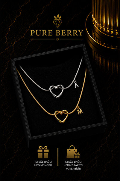PURE BERRY قلادة زوجين مرصعة بحجر الزركون 100% من الفولاذ (قم بتخصيص الحرف)
