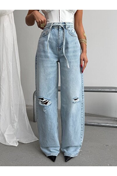 HerTon Pantaloni din denim cu talie înaltă, cu rupturi la spate și croială largă
