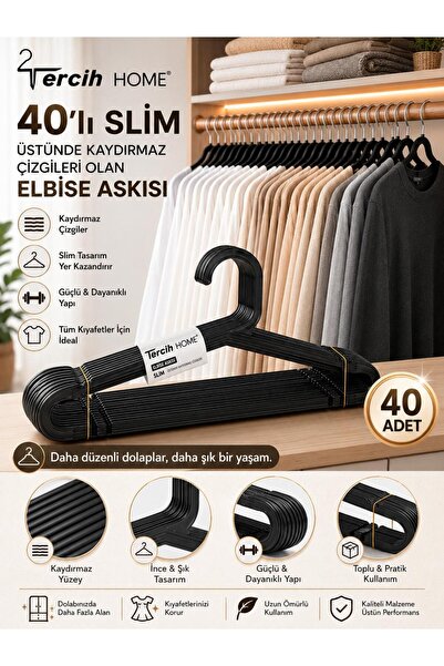 Tercih Home 40 Adet - Slim Siyah Elbise, Fular, Gömlek, Tişört Askısı Kırılma...