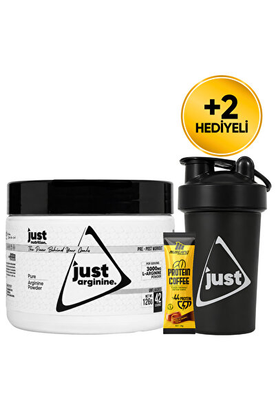 Just Nutrition إل-أرجينين 126 جرام، 42 حصة + شيكر + قهوة بروتين هدية