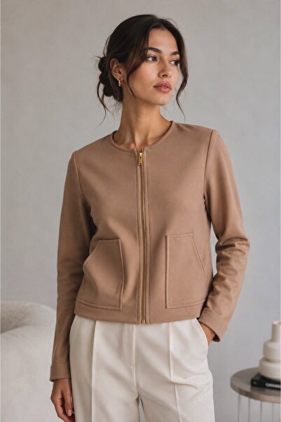 Elbikom İnce Dokulu Mevsimlik Oversize Basic Ceket Bej Premium Kumaş