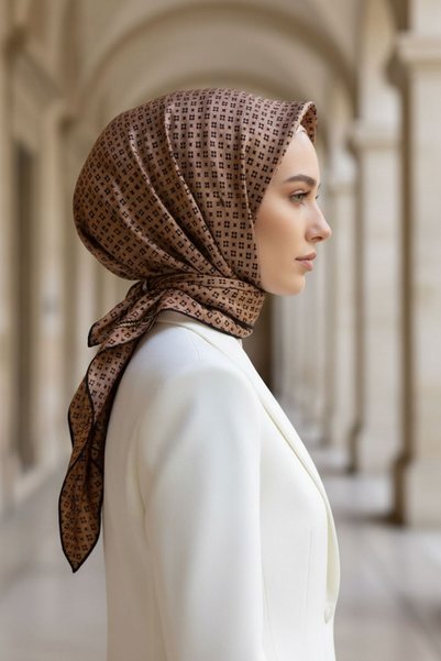 Vissona %100 Twill İpek Zincir Desenli Bakır - Siyah Renkli 90x90 Eşarp Dikim...