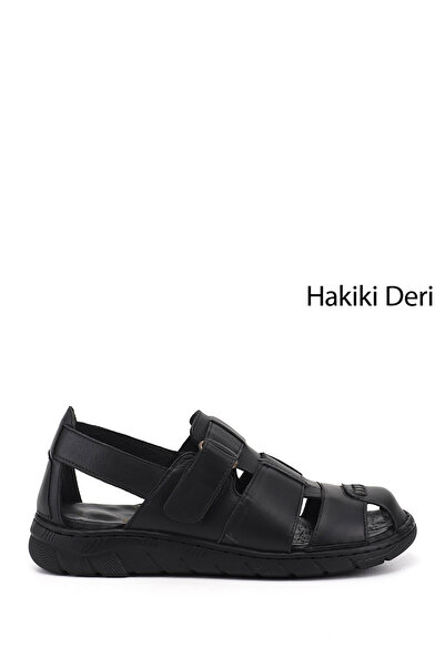 GÖNDERİ(R) Erkek Siyah Cırtlı Hakiki Deri Comfort Sandalet