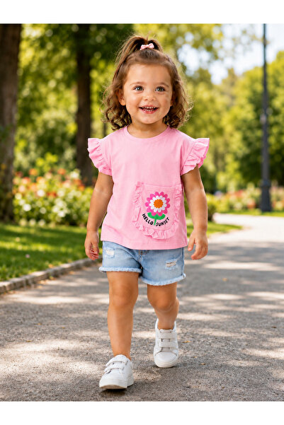 Atabay Kids ATABAY 82-05-25 KIZ TSHİRT KOL FIRFIRLI HELLO SUNSET ÇİÇEK BASKIL...