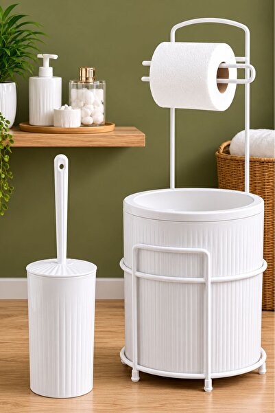 decorev Modern Banyo Seti – Kapaklı Çöp Kovası, Tuvalet Kağıtlığı ve WC Fırça...
