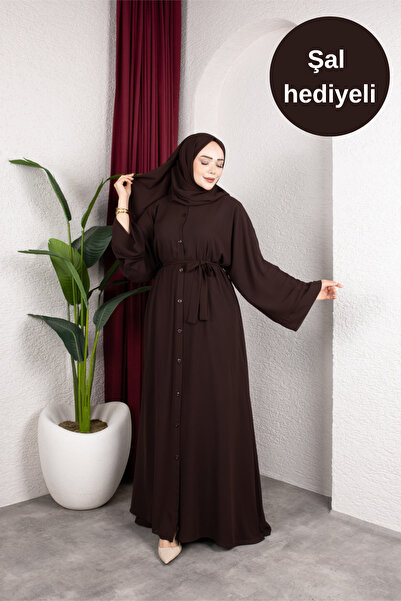 mayar officiall Koyu Kahve Yazlık Şifon Arkası Pileli Şal Hediyeli Abaya-Ferace