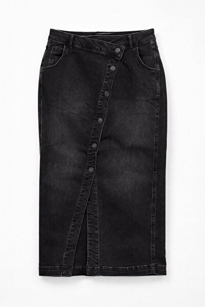 BANNY JEANS Fusta de jeans neagră din lycra de lungime midi cu nasturi latera...