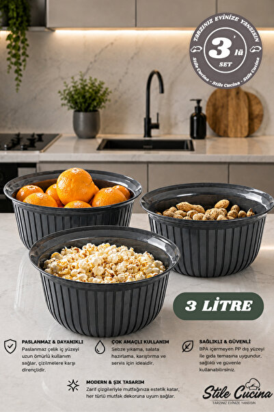 Stile Cucina 3-Piece Economical Linea Round Bowl Set Anthracite (3 X 3 Liters)